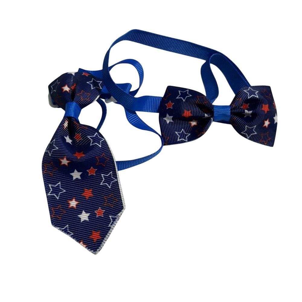 Bow Tie Necktie Set  250th July 4th USA Flag  Stars Blue Dog Cat  7"+